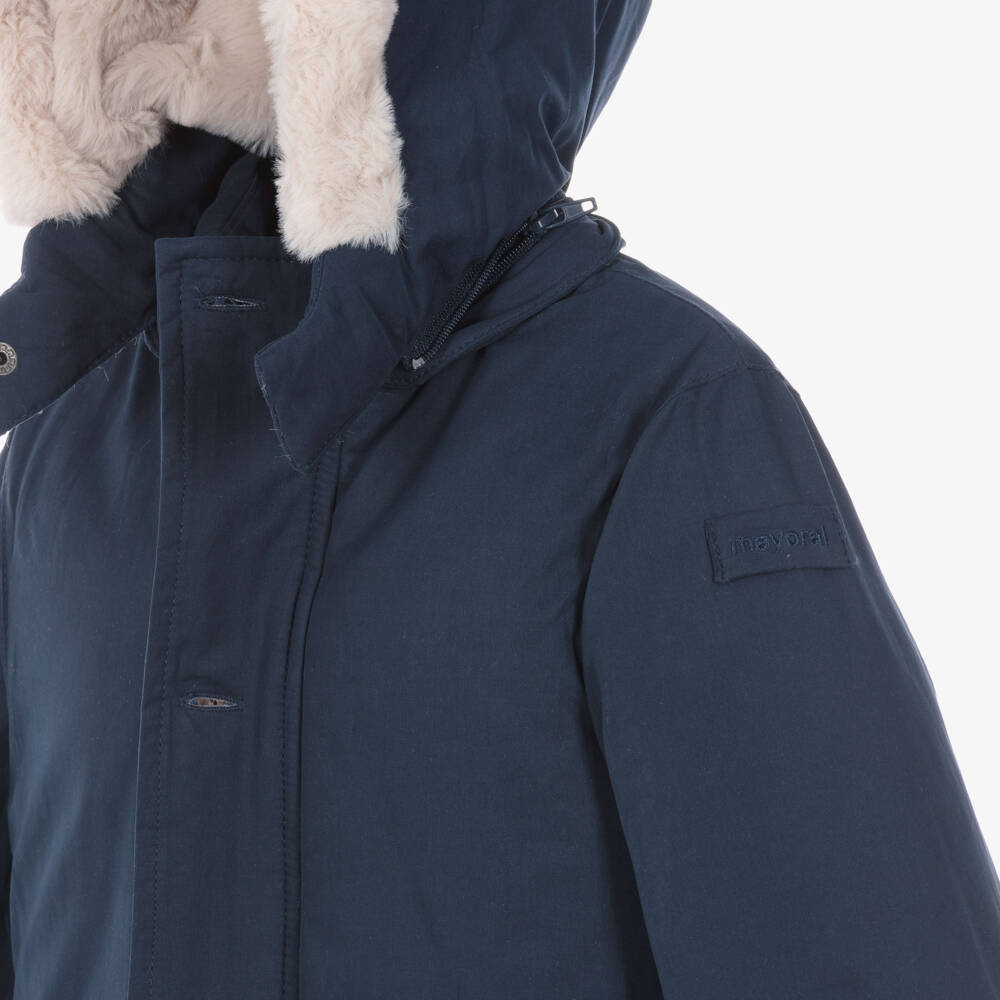 Mayoral-Boys Navy Blue Faux Fur Lined Parka Coat | Childrensalon
