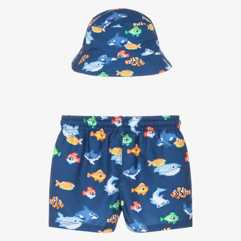 Mayoral-Boys Navy Blue Fish Swim Shorts & Reversible Hat Set | Childrensalon