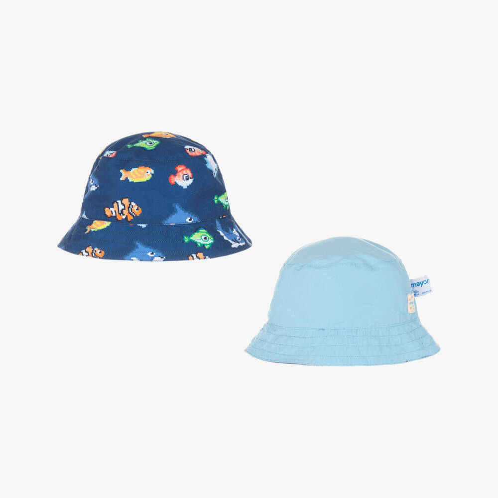 Mayoral-Boys Navy Blue Fish Swim Shorts & Reversible Hat Set | Childrensalon