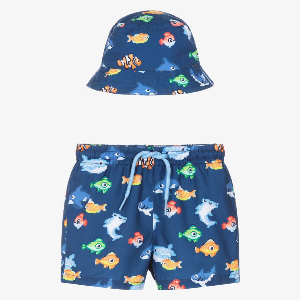Mayoral-Boys Navy Blue Fish Swim Shorts & Reversible Hat Set | Childrensalon