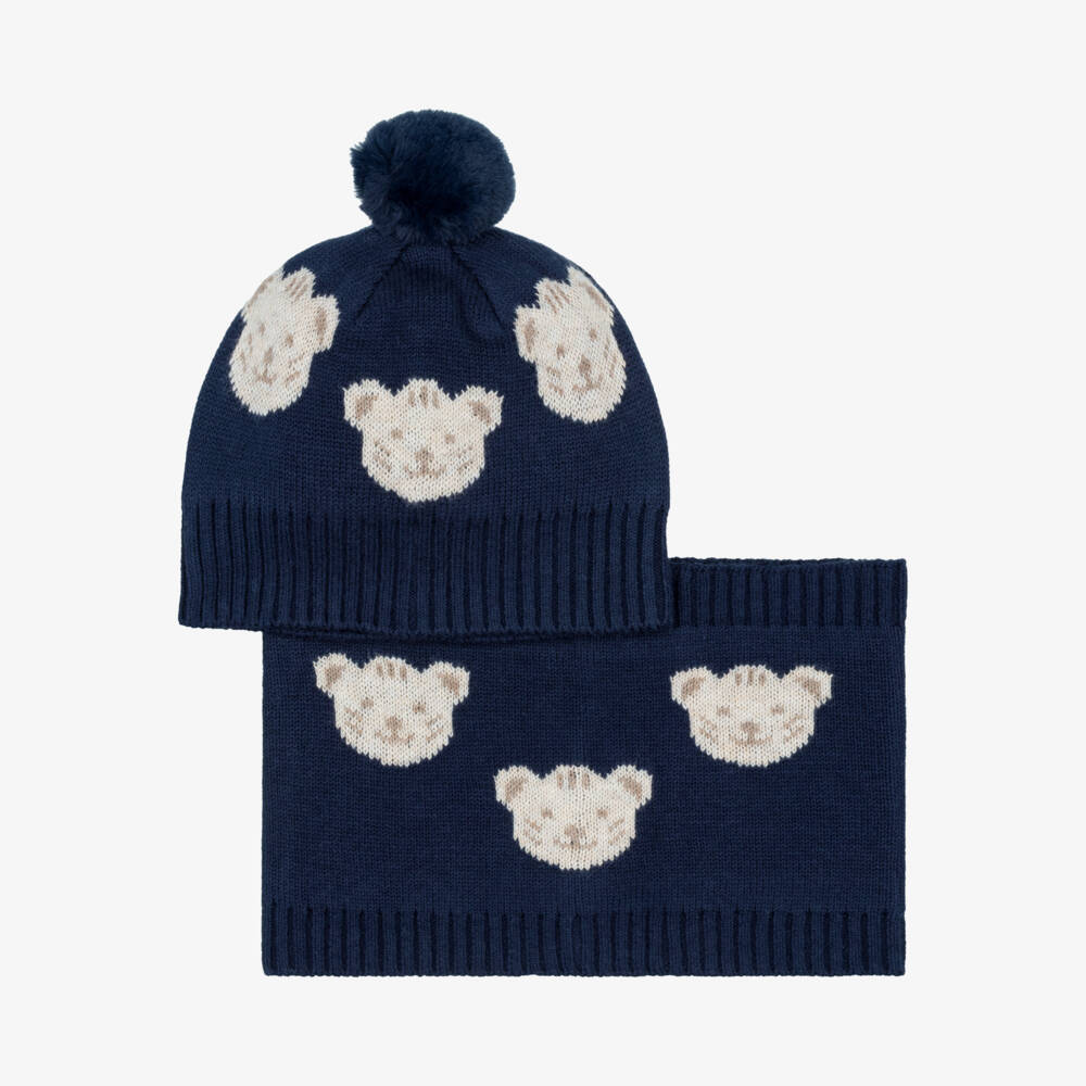 Mayoral-Boys Navy Blue Hat & Snood Set with Tiger Motifs | Childrensalon