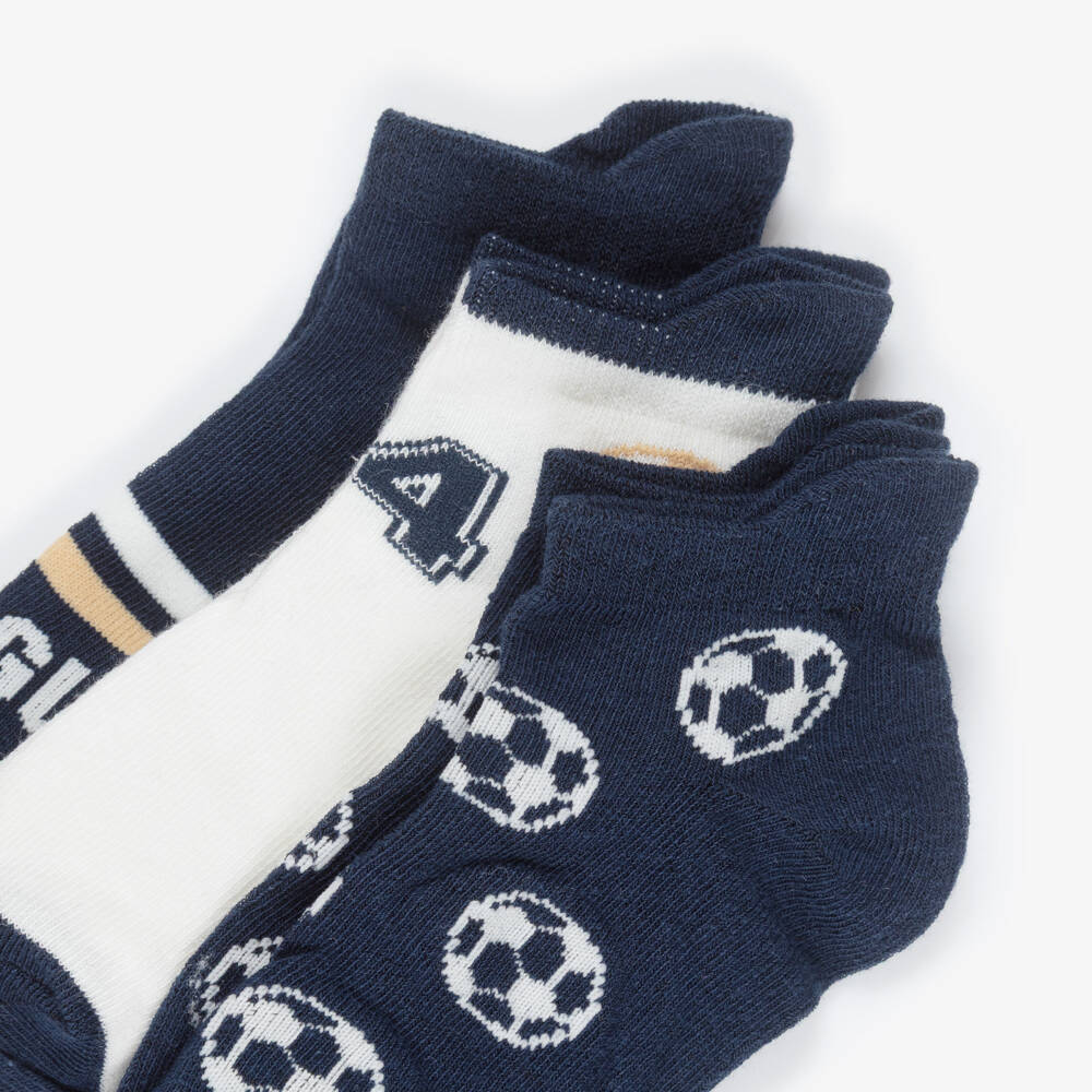 Mayoral-Boys Navy Blue & Ivory Football Cotton Socks (3 Pack) | Childrensalon