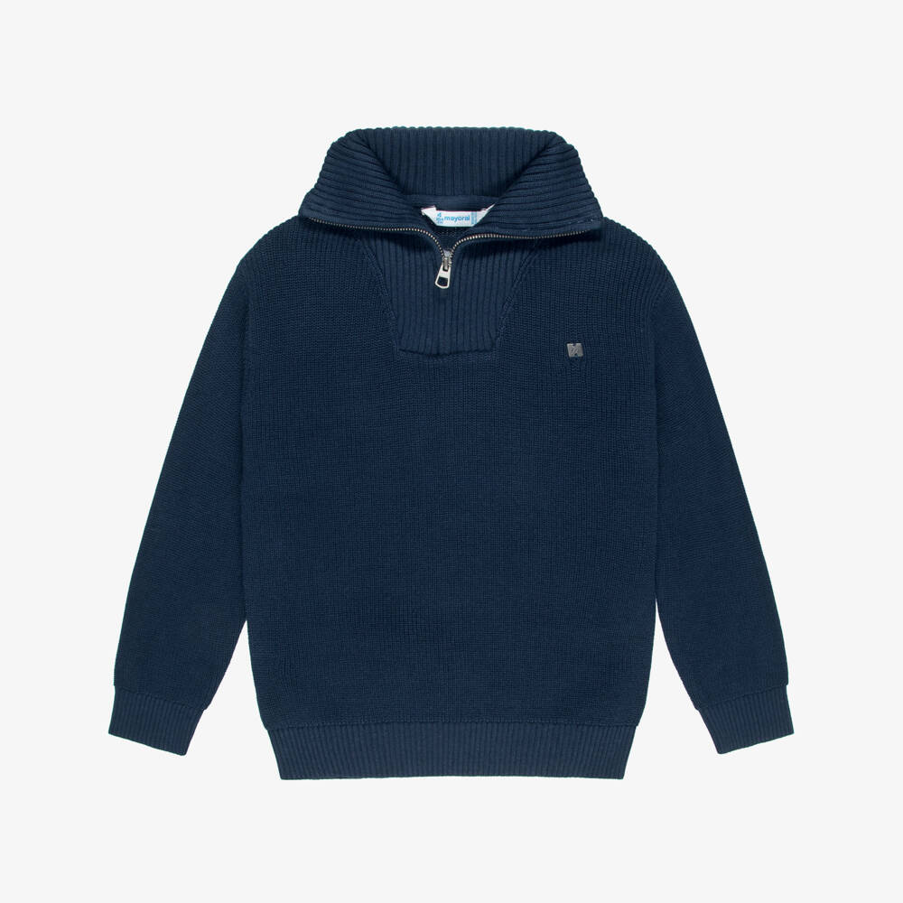 Mayoral-Boys Navy Blue Knitted Quarter-Zip Sweater | Childrensalon