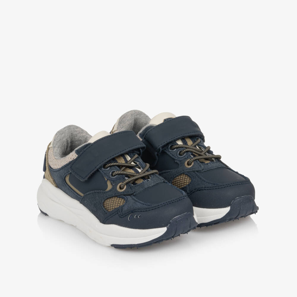 Mayoral-Boys Navy Blue Leather Trainers with Velcro Strap | Childrensalon