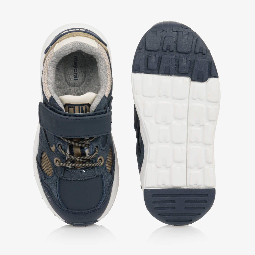 Mayoral-Boys Navy Blue Leather Trainers with Velcro Strap | Childrensalon