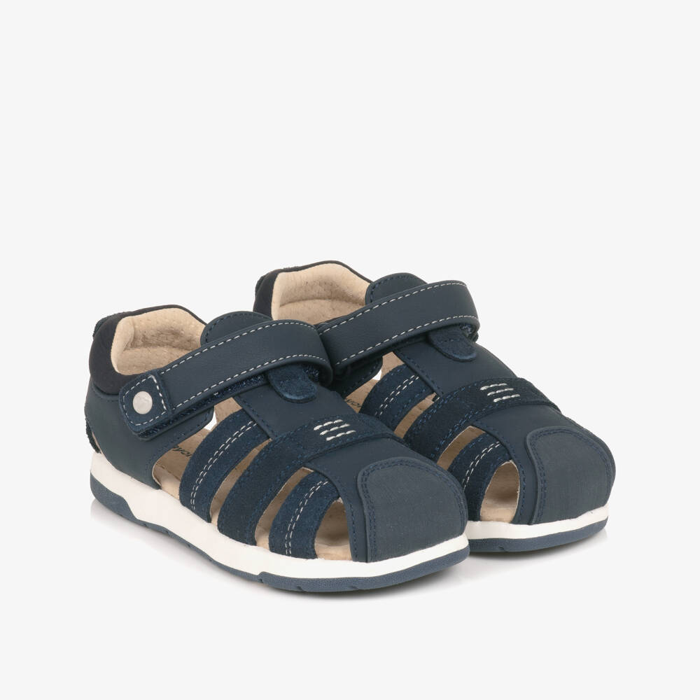 Mayoral-Boys Navy Blue Leather Velcro Sandals | Childrensalon