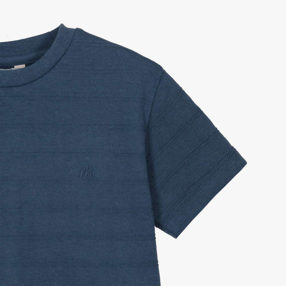 Mayoral-Boys Navy Blue Textured Stripe T-Shirt | Childrensalon