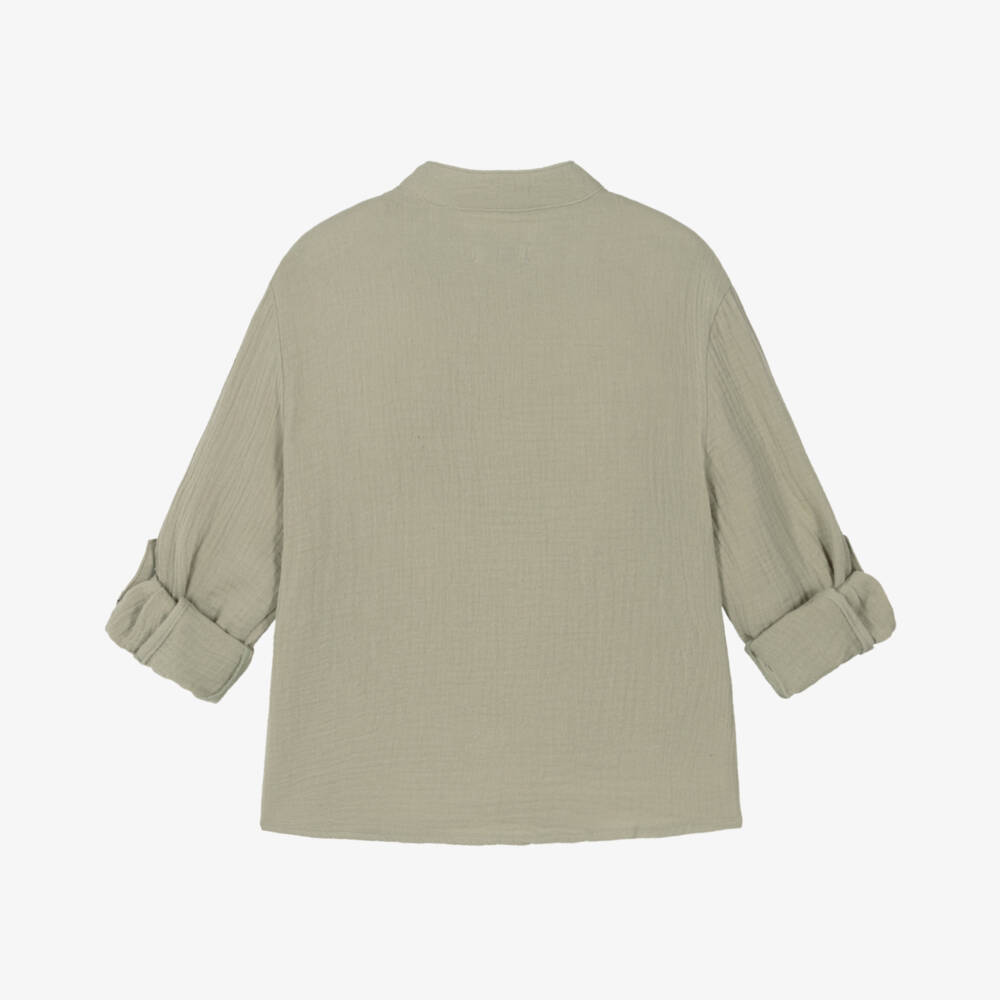 Mayoral-Boys Olive Green Cotton Muslin Collarless Shirt | Childrensalon