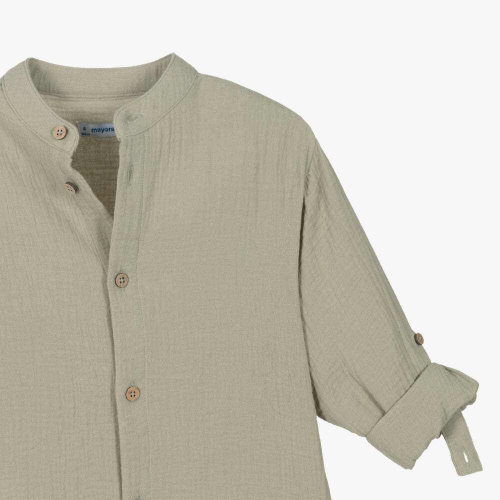 Mayoral-Boys Olive Green Cotton Muslin Collarless Shirt | Childrensalon