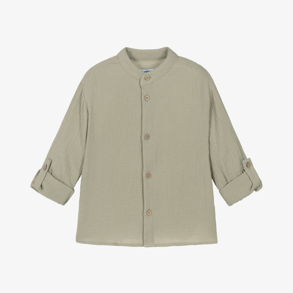 Mayoral-Boys Olive Green Cotton Muslin Collarless Shirt | Childrensalon