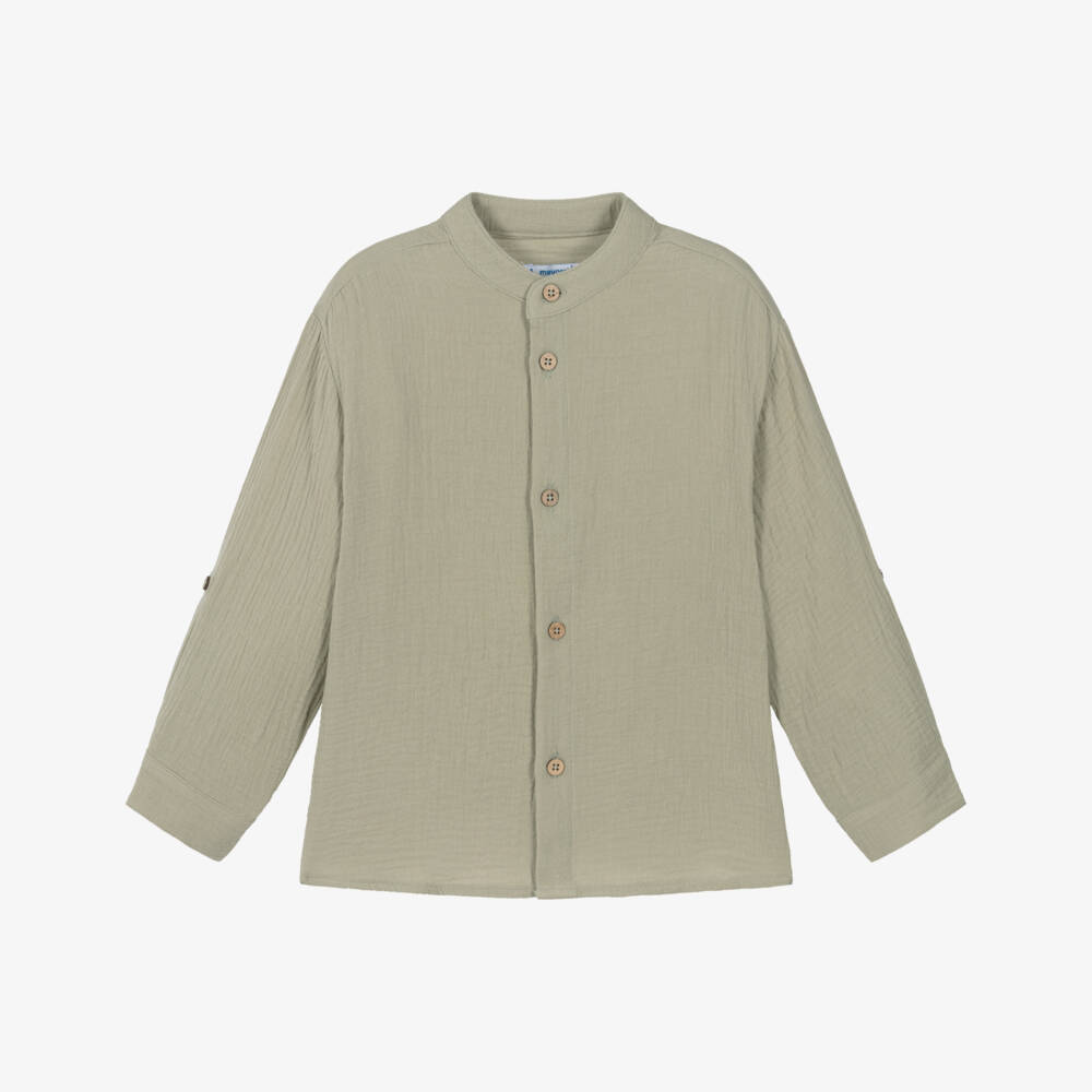 Mayoral-Boys Olive Green Cotton Muslin Collarless Shirt | Childrensalon