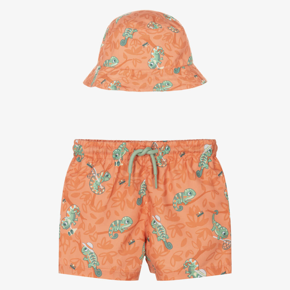 Mayoral-Boys Orange Chameleon Swim Shorts & Hat Set | Childrensalon