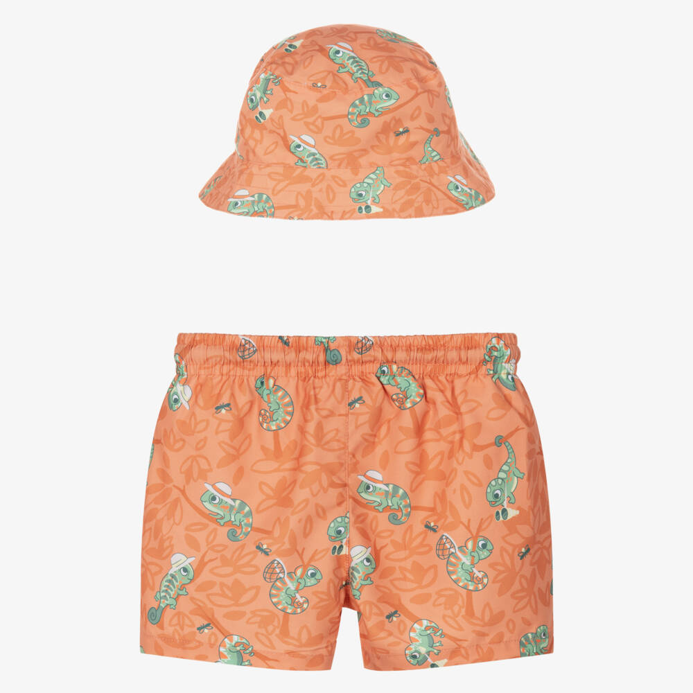 Mayoral-Boys Orange Chameleon Swim Shorts & Hat Set | Childrensalon