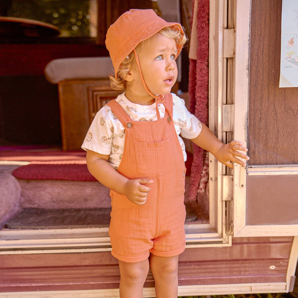 Mayoral-Boys Orange Cotton Dungaree Shorts Set with Chameleon Print Top | Childrensalon