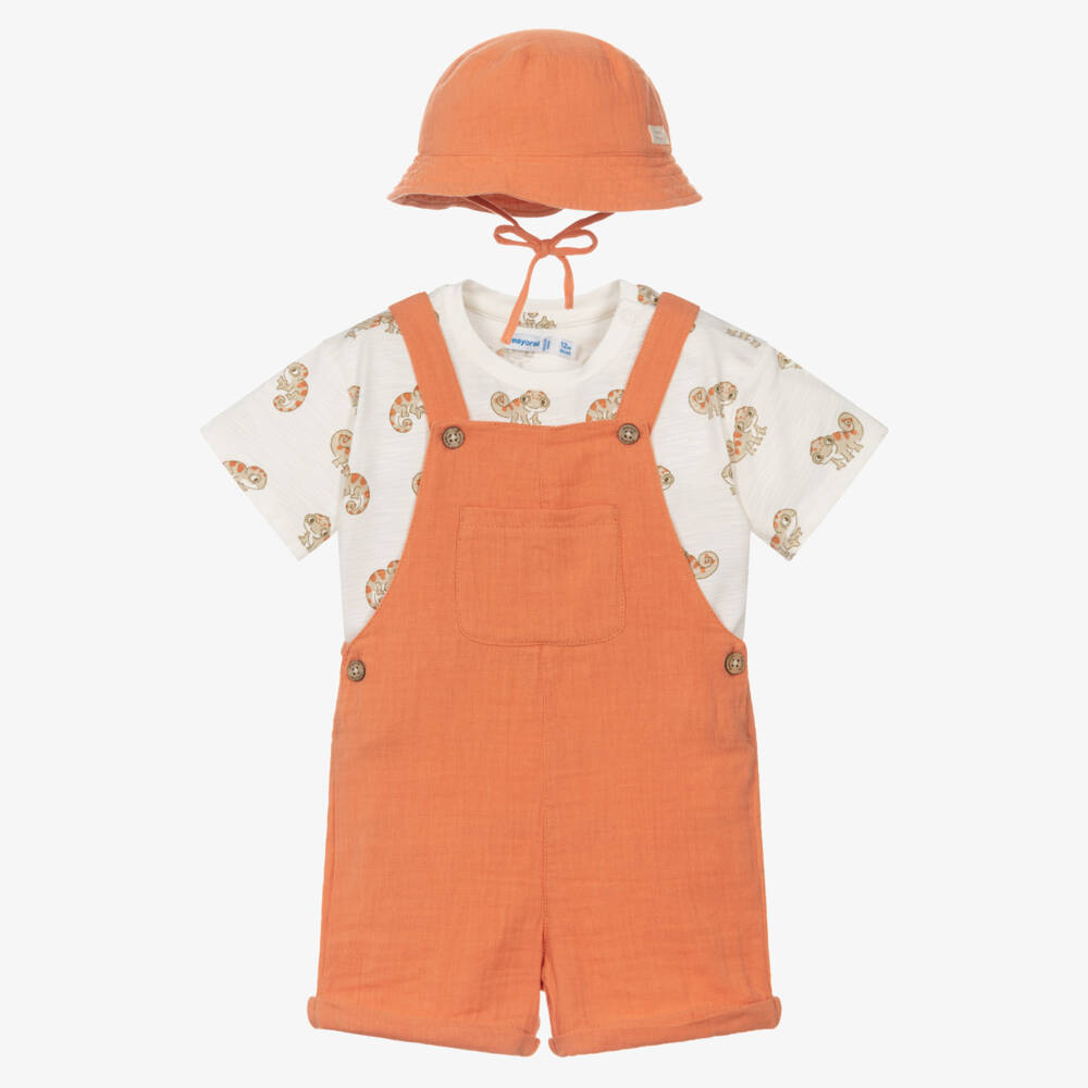 Mayoral-Boys Orange Cotton Dungaree Shorts Set with Chameleon Print Top | Childrensalon