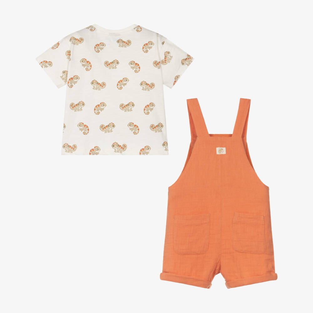 Mayoral-Boys Orange Cotton Dungaree Shorts Set with Chameleon Print Top | Childrensalon