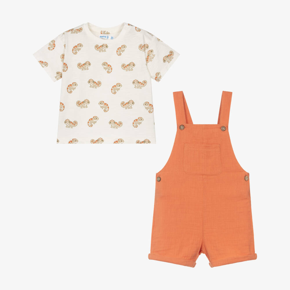 Mayoral-Boys Orange Cotton Dungaree Shorts Set with Chameleon Print Top | Childrensalon