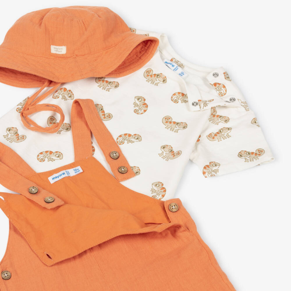 Mayoral-Boys Orange Cotton Dungaree Shorts Set with Chameleon Print Top | Childrensalon