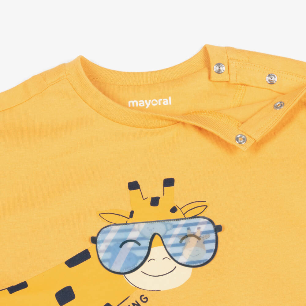 Mayoral-Boys Orange Cotton Giraffe T-Shirt with Lenticular Sunglasses | Childrensalon