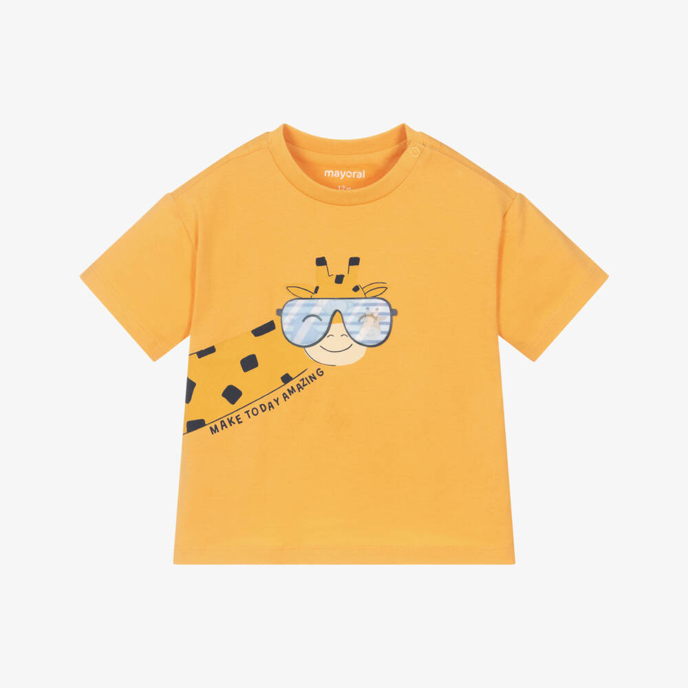 Mayoral-Boys Orange Cotton Giraffe T-Shirt with Lenticular Sunglasses | Childrensalon