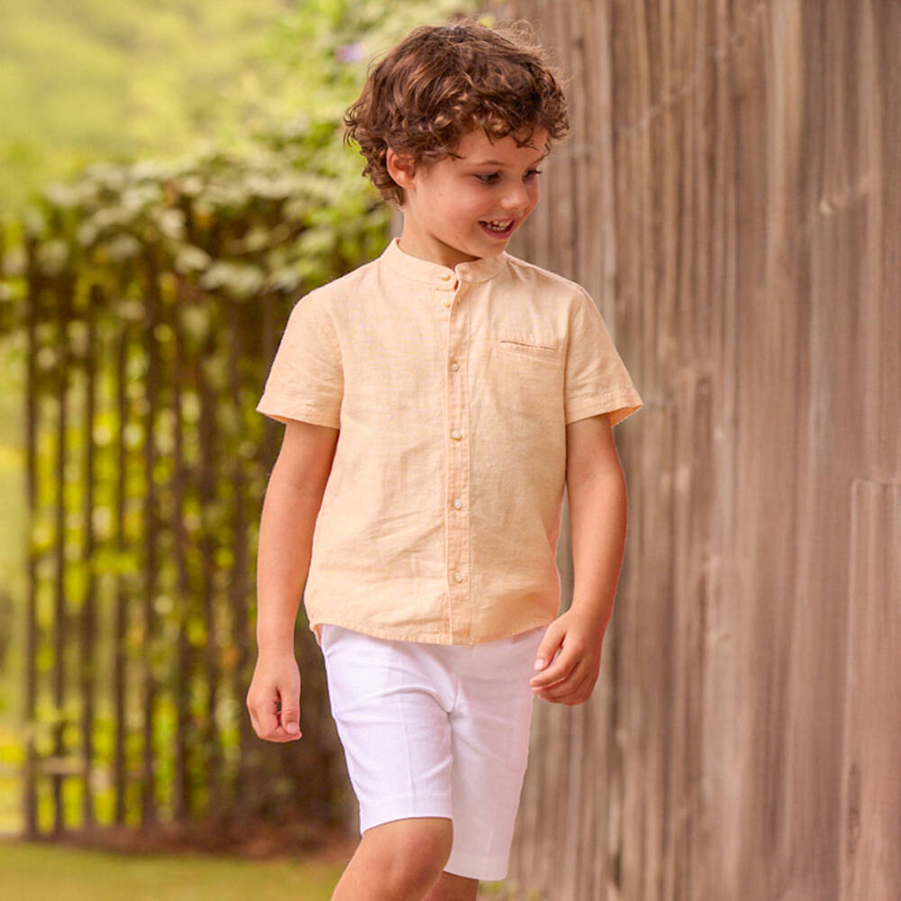 Mayoral-Boys Orange Cotton & Linen Short Sleeve Shirt | Childrensalon