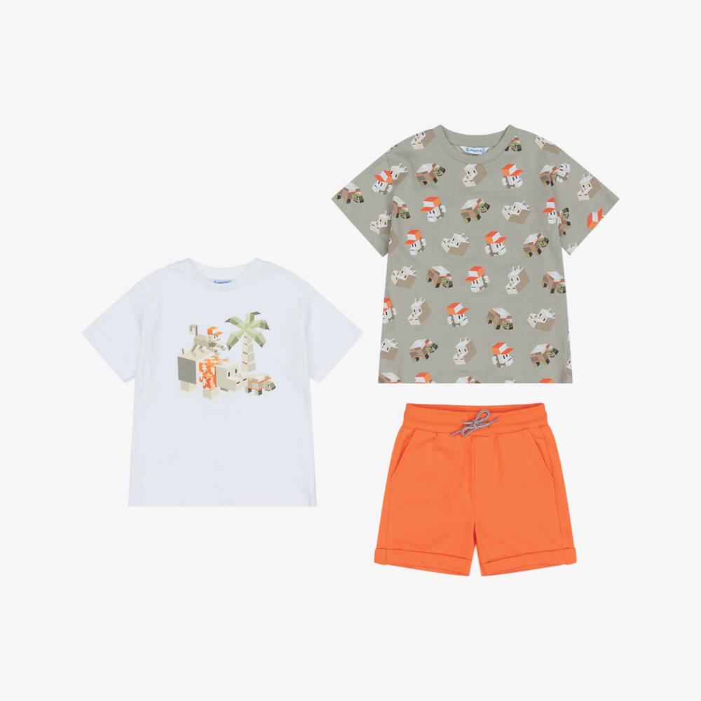 Mayoral-Boys Orange Cotton Shorts Set with Gaming Style Animals | Childrensalon