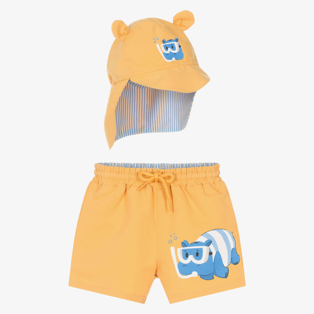 Mayoral-Boys Orange Hippo Print Swim Set (UPF40+) | Childrensalon