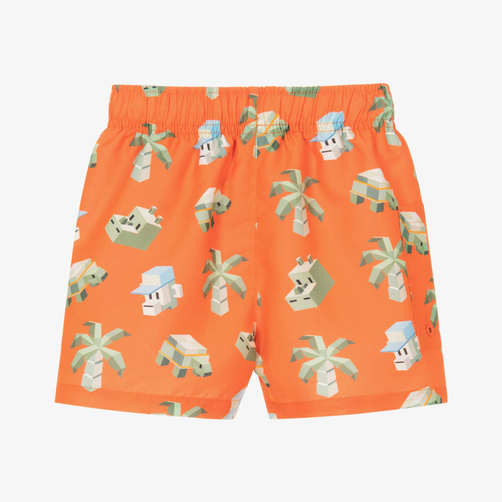 Mayoral-Boys Orange Swim Shorts with Gaming Style Palm Tree Print | Childrensalon