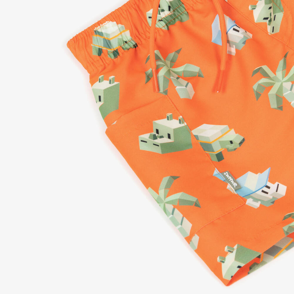 Mayoral-Boys Orange Swim Shorts with Gaming Style Palm Tree Print | Childrensalon