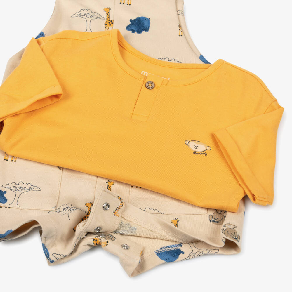 Mayoral-Boys Orange Top & Beige Safari Print Dungaree Set | Childrensalon