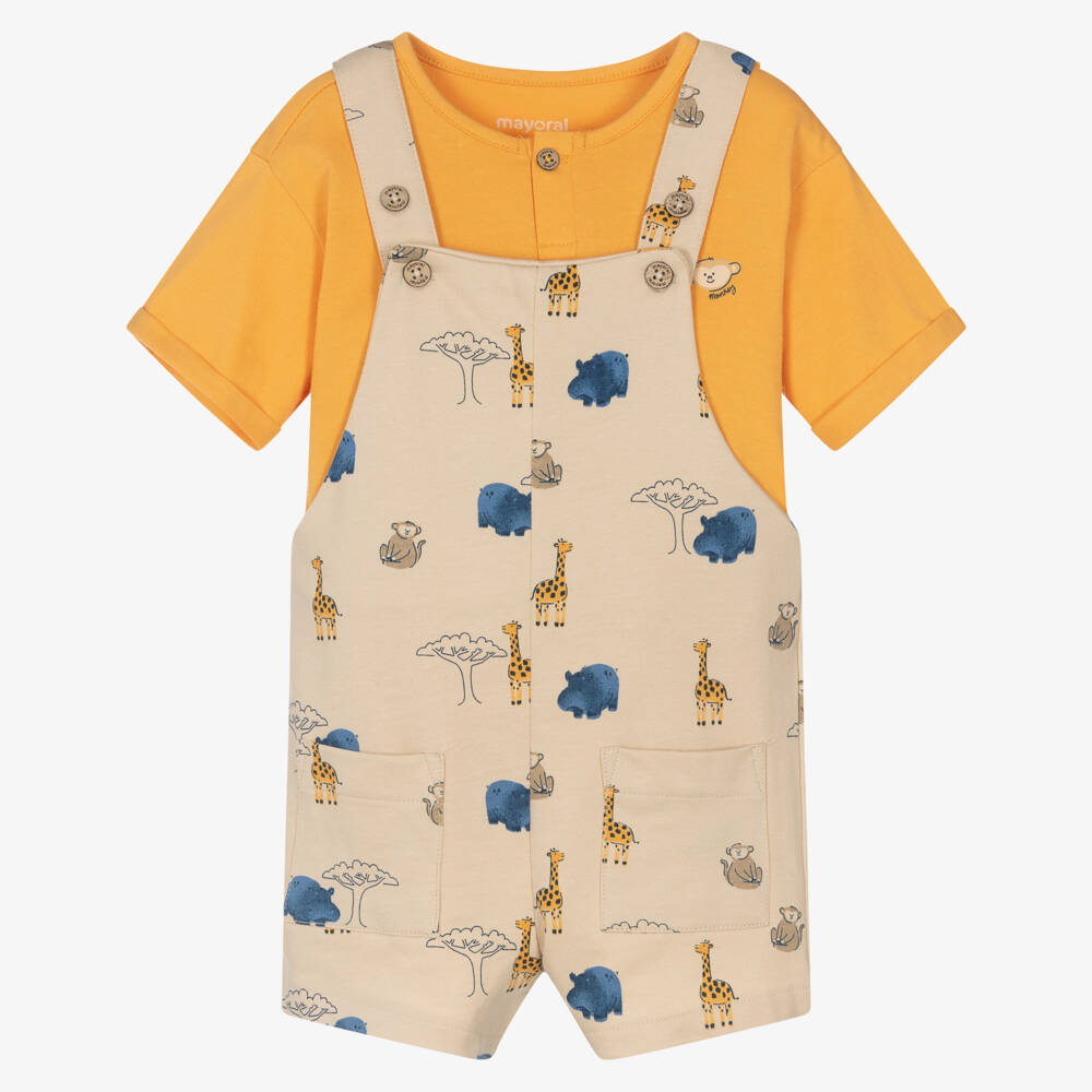 Mayoral-Boys Orange Top & Beige Safari Print Dungaree Set | Childrensalon