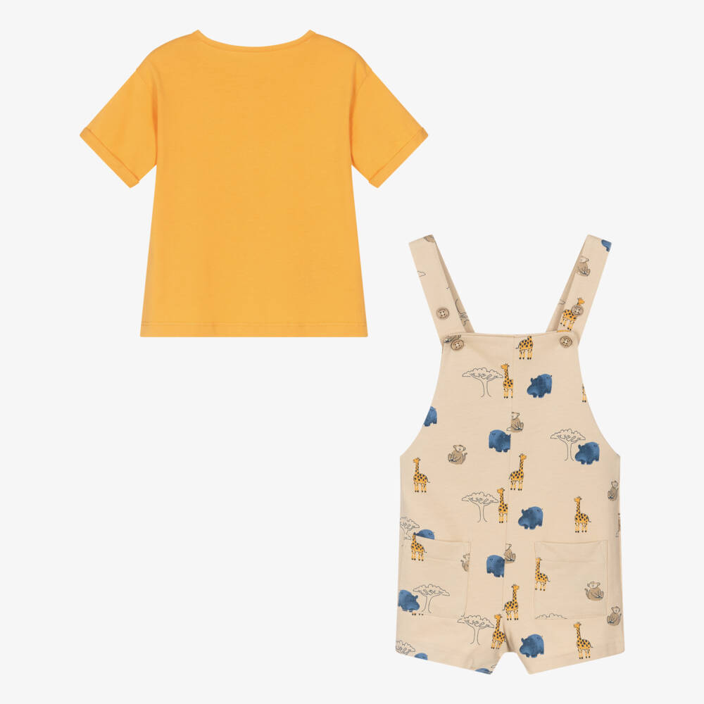 Mayoral-Boys Orange Top & Beige Safari Print Dungaree Set | Childrensalon
