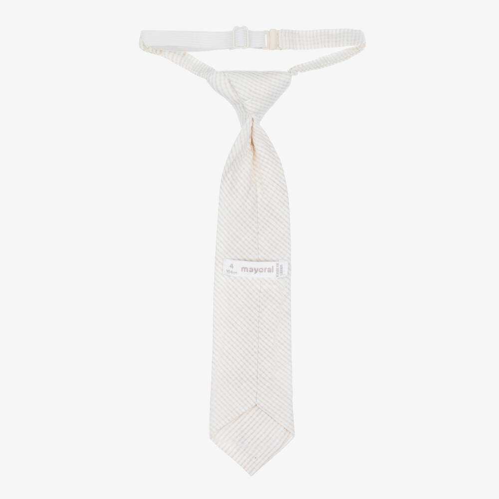 Mayoral-Boys Pale Beige Checked Cotton Tie | Childrensalon