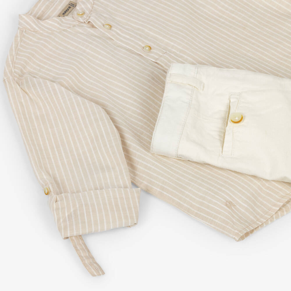 Mayoral-Boys Pale Beige Striped Shirt & Shorts Set | Childrensalon