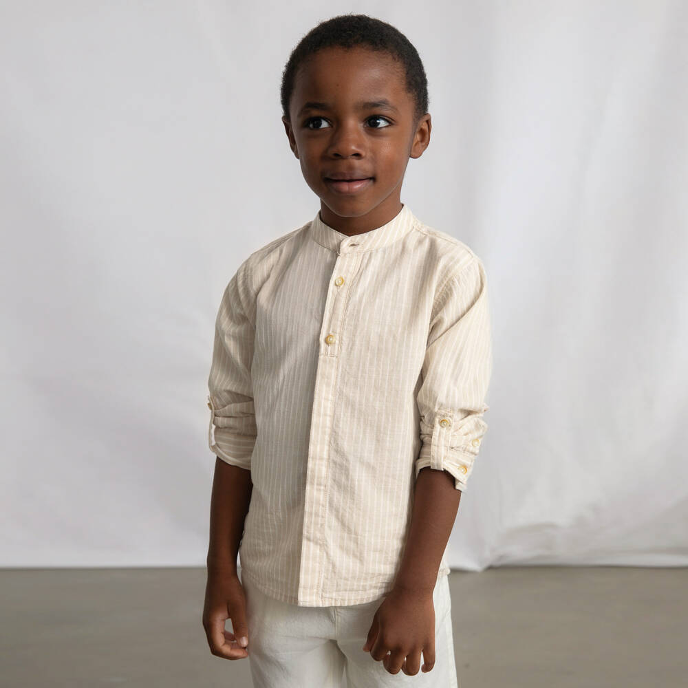 Mayoral-Boys Pale Beige Striped Shirt & Shorts Set | Childrensalon