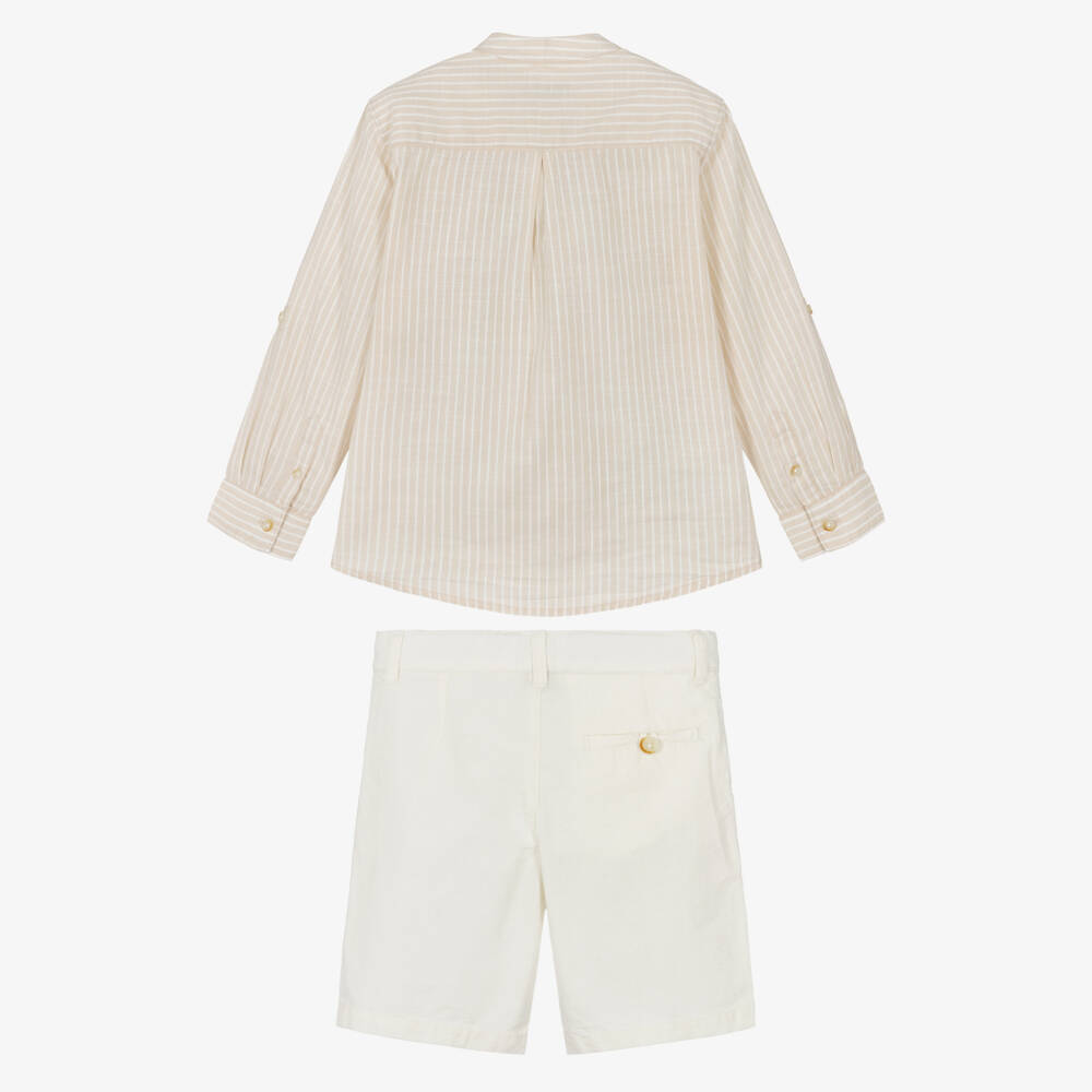 Mayoral-Boys Pale Beige Striped Shirt & Shorts Set | Childrensalon