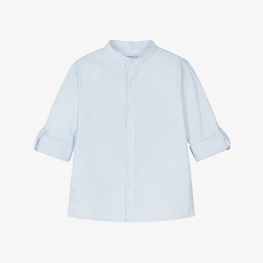 Mayoral-Boys Pale Blue Collarless Cotton Shirt | Childrensalon