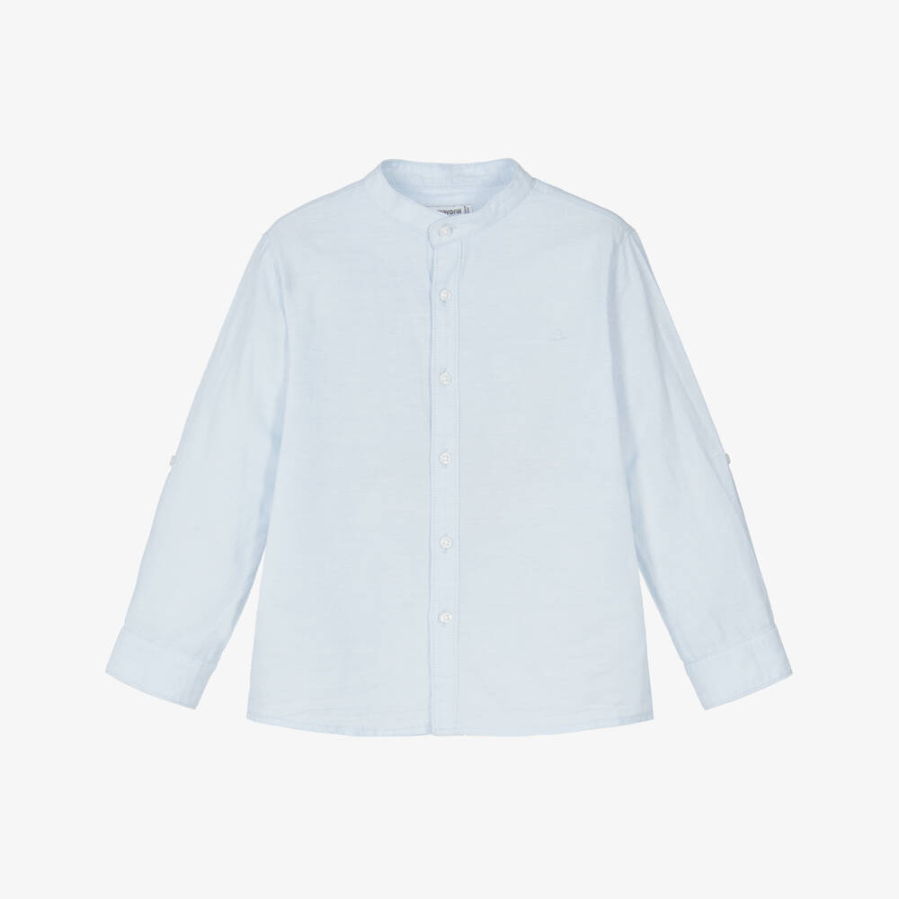 Mayoral-Boys Pale Blue Collarless Cotton Shirt | Childrensalon