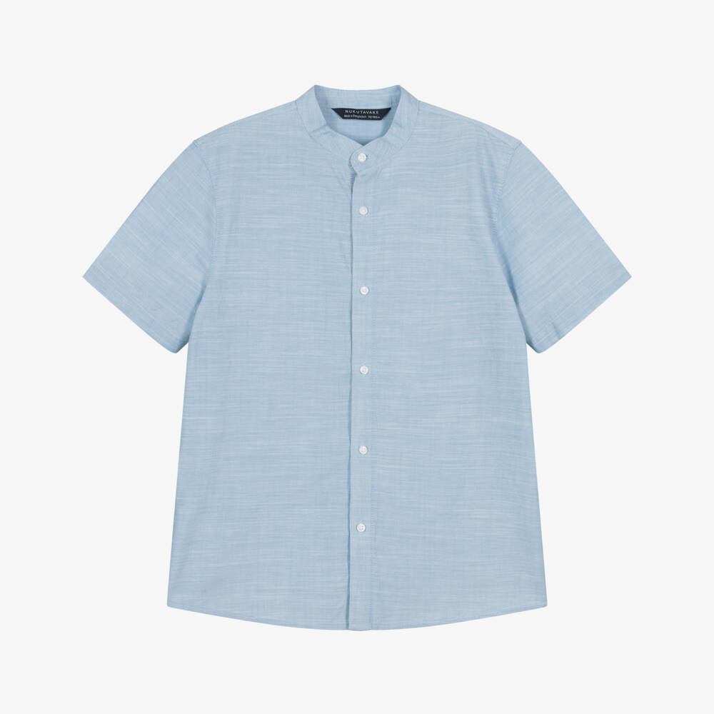 Mayoral Nukutavake-Boys Pale Blue Cotton Collarless Shirt | Childrensalon