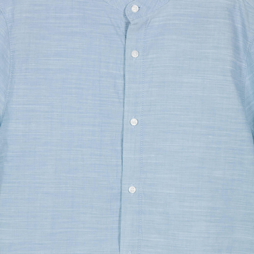 Mayoral Nukutavake-Boys Pale Blue Cotton Collarless Shirt | Childrensalon