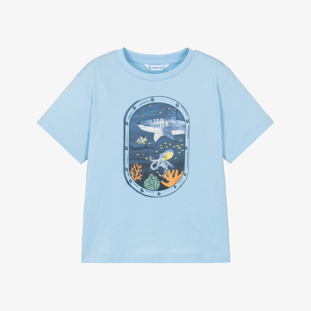 Mayoral-Boys Pale Blue Cotton Sea Life T-Shirt | Childrensalon