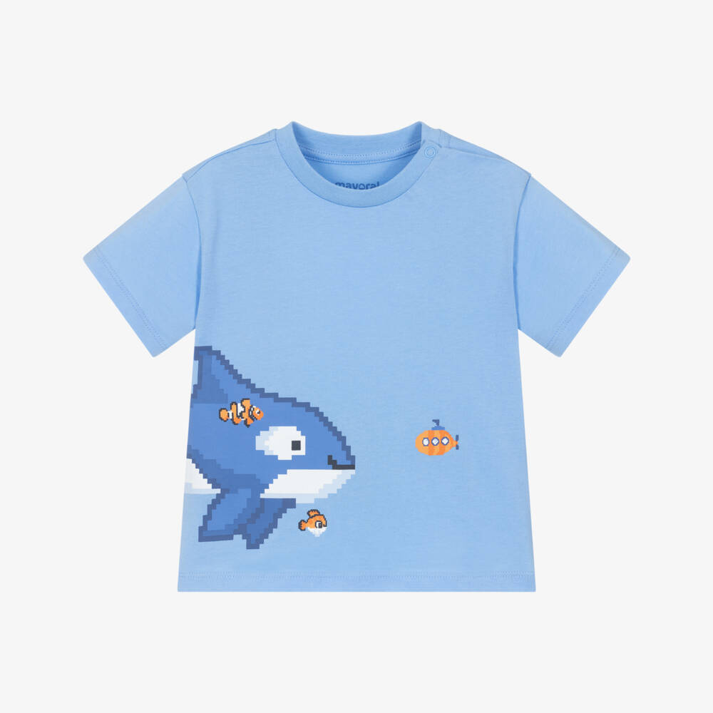 Mayoral-Boys Pale Blue Cotton Shark T-Shirt | Childrensalon