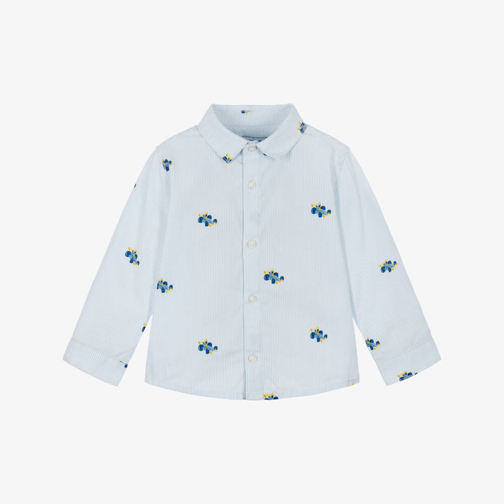 Mayoral-Boys Pale Blue Striped Cotton Car Print Shirt | Childrensalon