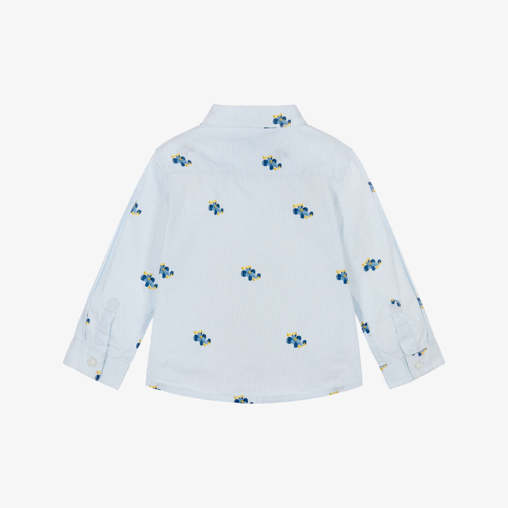 Mayoral-Boys Pale Blue Striped Cotton Car Print Shirt | Childrensalon