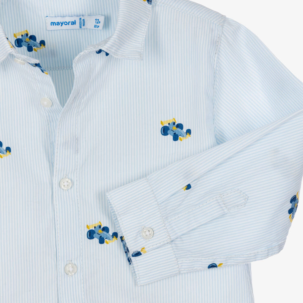 Mayoral-Boys Pale Blue Striped Cotton Car Print Shirt | Childrensalon