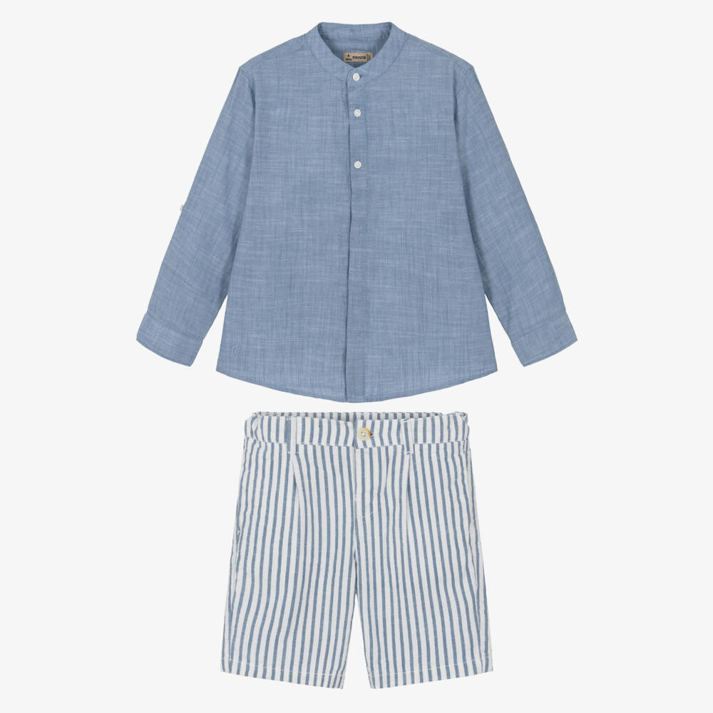 Mayoral-Boys Pale Blue Striped Shirt & Shorts Set | Childrensalon