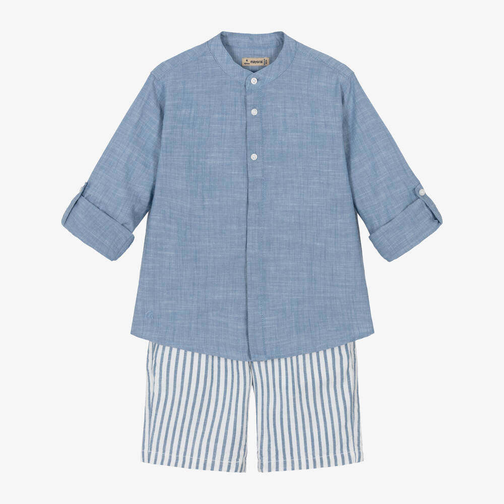 Mayoral-Boys Pale Blue Striped Shirt & Shorts Set | Childrensalon
