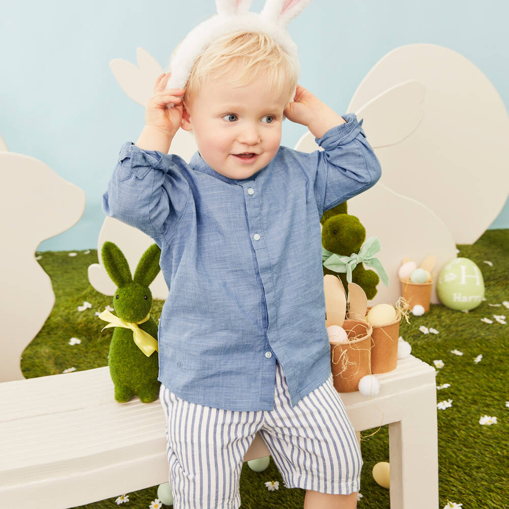 Mayoral-طقم قميص وشورت مخطط لون أزرق فاتح للأولاد | Childrensalon