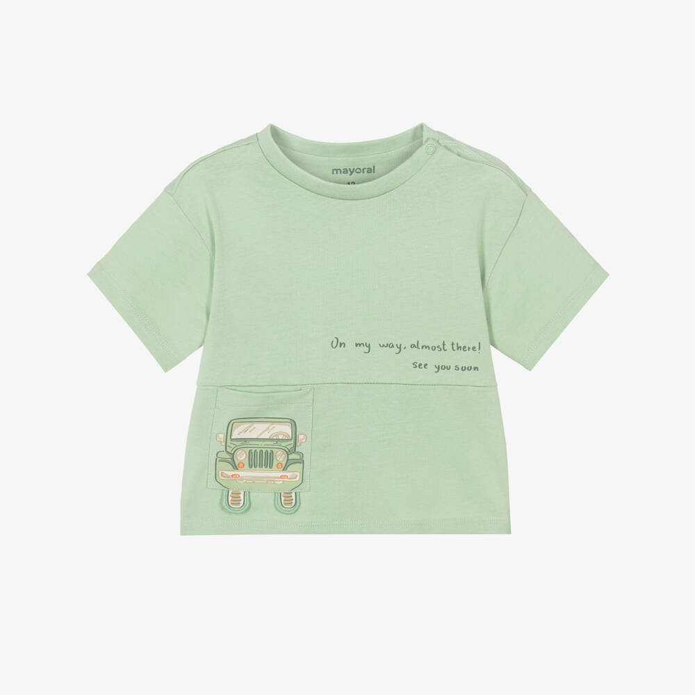 Mayoral-Boys Pale Green Cotton T-Shirt with Car Pocket | Childrensalon