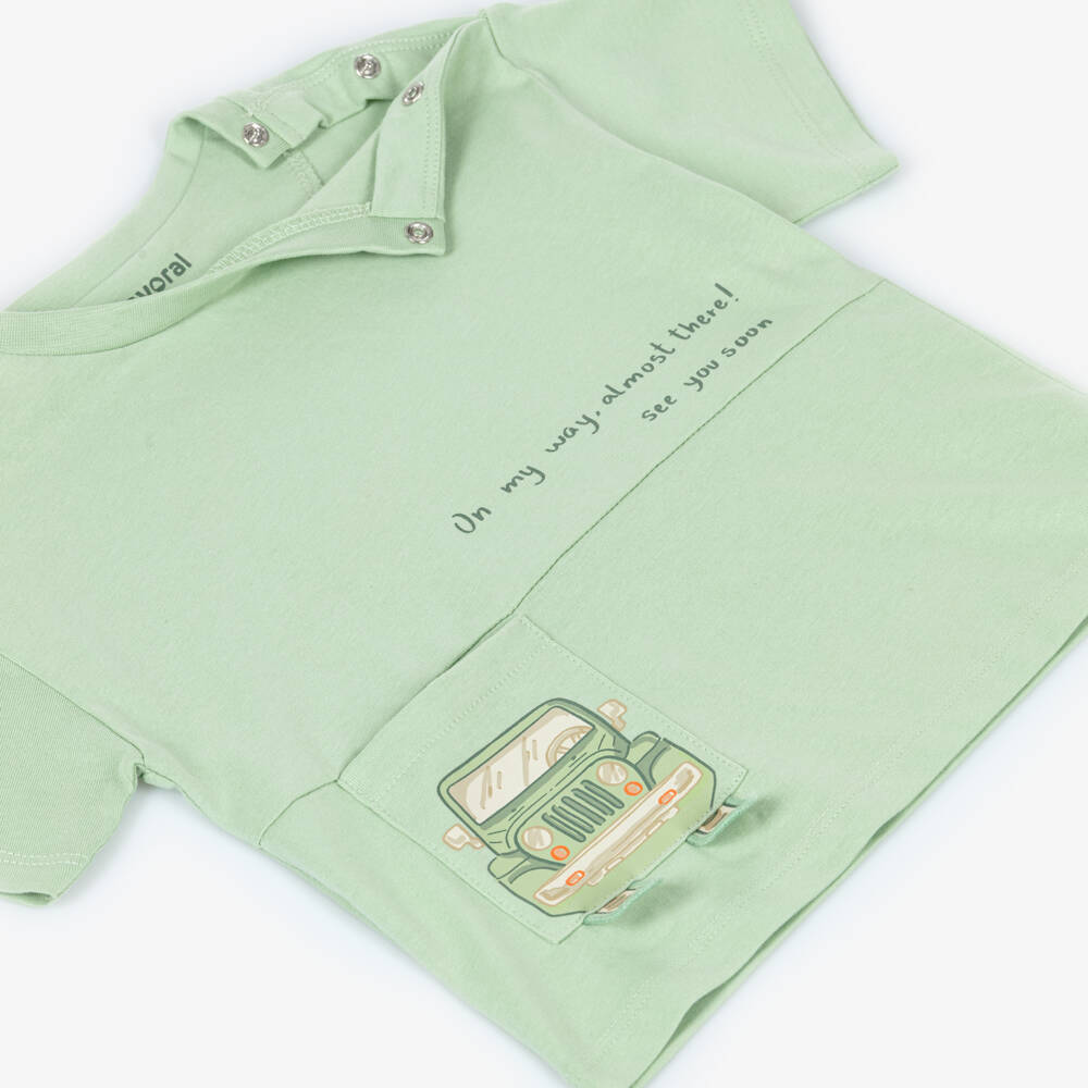 Mayoral-Boys Pale Green Cotton T-Shirt with Car Pocket | Childrensalon